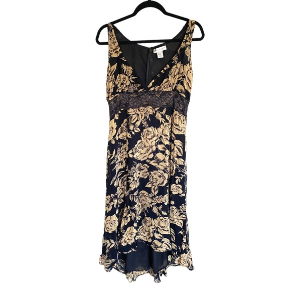 Newport News Dresses Vintage 9s Black And Tan Floral V Neck Sheer